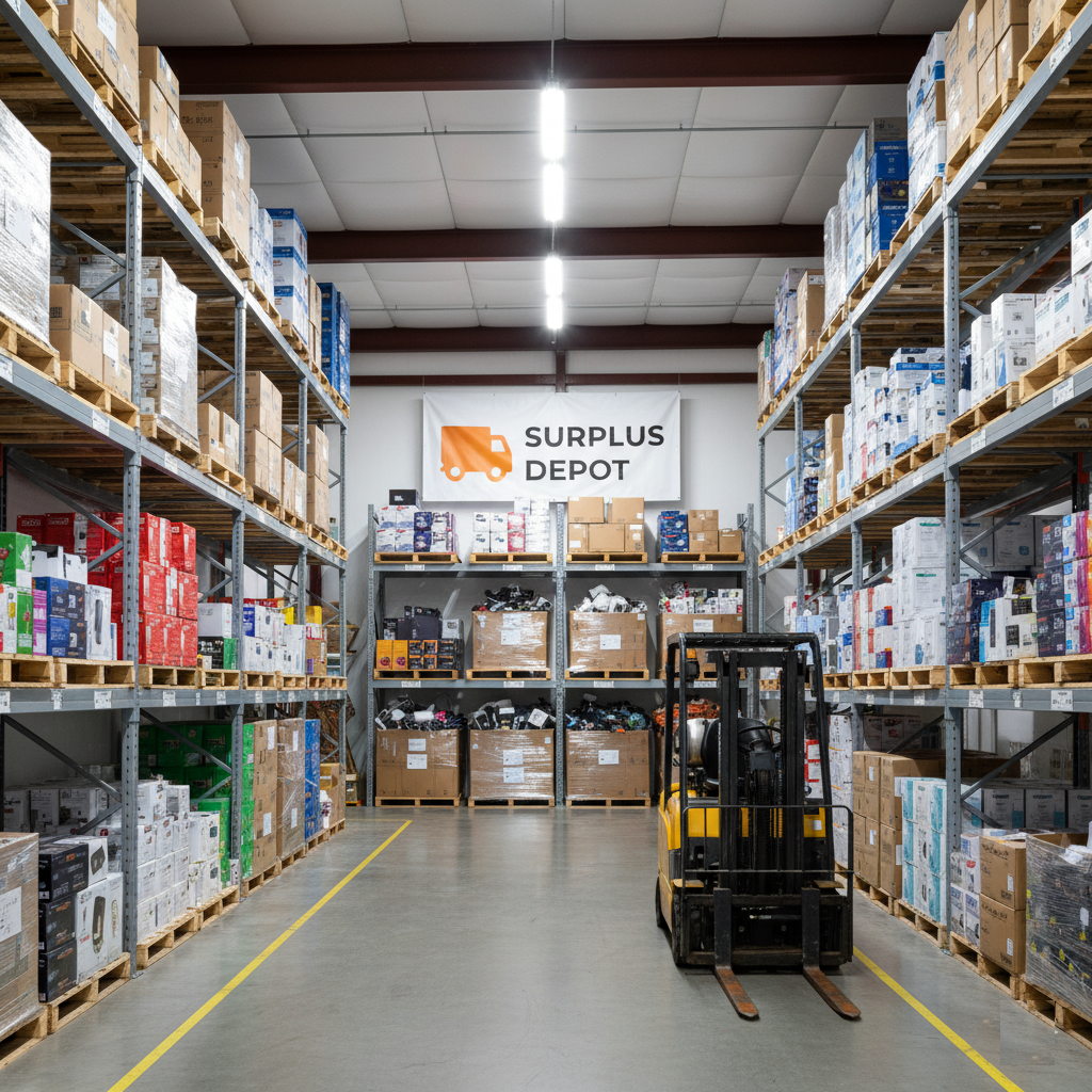 Surplus Depot warehouse with pallets of merchandise
